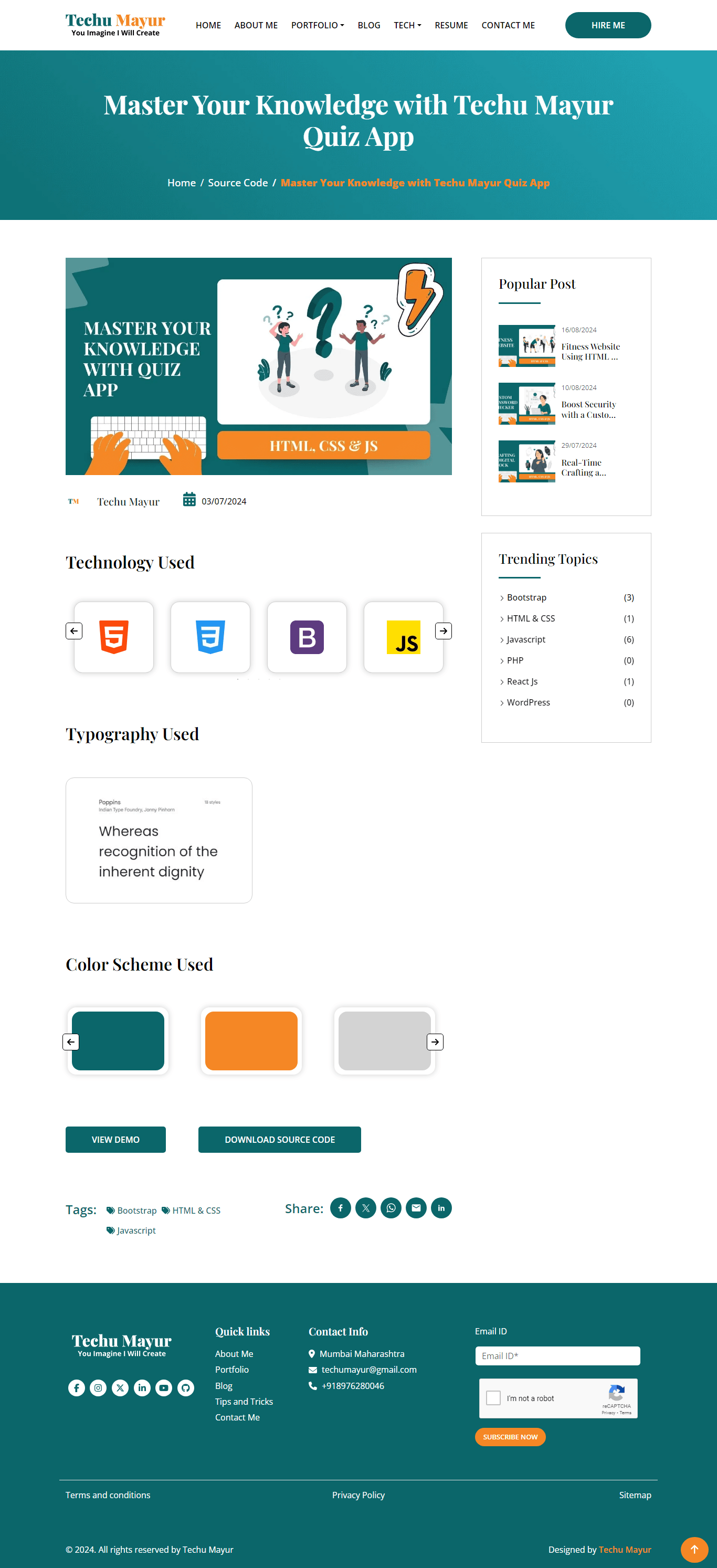 Quiz app by Techu Mayur with HTML, CSS, and JavaScript